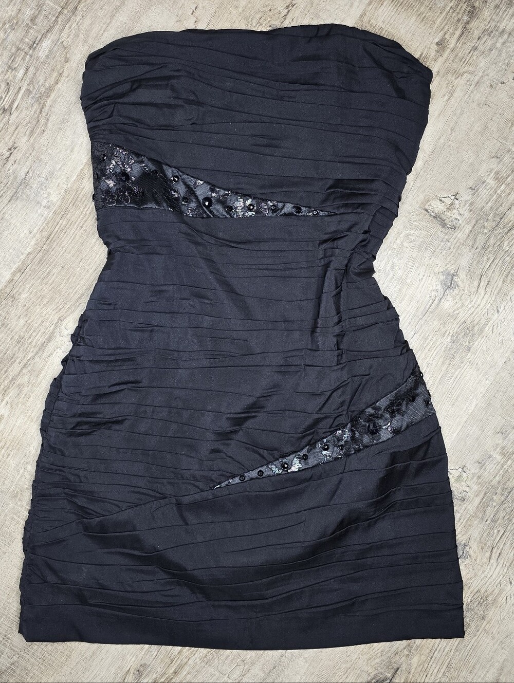Express Y2K Black Strapless Ruched Cocktail Party Mini Dress Beaded Mesh Size 10